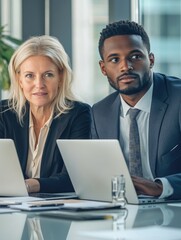 Obraz premium Two business professionals engaging in a focused meeting, surrounded by technology used in their office setting.