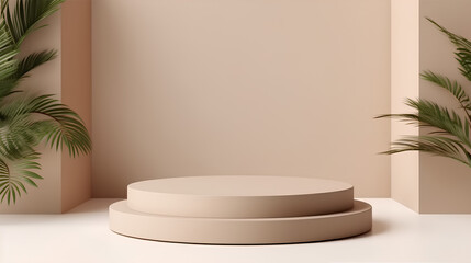 3d circle wooden podium display product background, beige sand color, mock up for web design with geometric forms	
