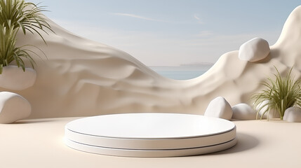 3d circle podium display product background, beige sand color, mock up for web design with geometric forms, green plants and stones, blue sky