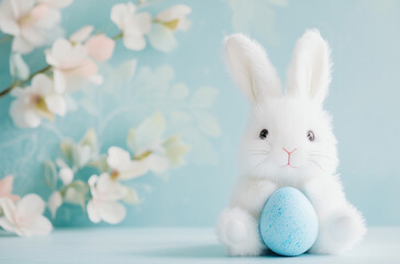 Cute Fluffy White Bunny Holding a Blue Easter Egg on a Light Blue Background