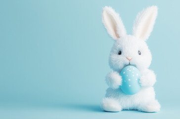 Cute Fluffy White Bunny Holding a Blue Easter Egg on a Light Blue Background