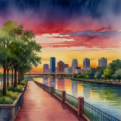 watercolor of the Red River in Shreveport, Louisiana, at dusk.