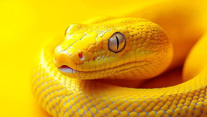 Fototapeta premium A yellow snake with a black eye and a black nose. The snake is curled up and looking at the camera