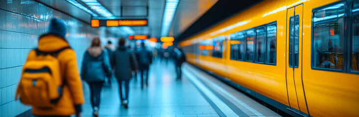 A yellow train is pulling into a station with people walking on the platform. The train is the main focus of the image, but the people walking on the platform are also visible