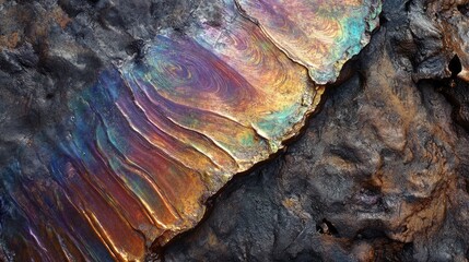 Obraz premium Iridescent oil slick texture with rainbow-like swirls on a dark, glossy surface.
