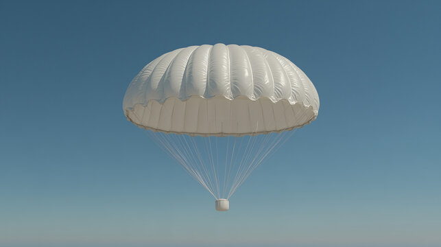 Parachute Deployment: A white parachute descends gracefully against a clear blue sky, showcasing the intricate details of its design and the controlled descent. 