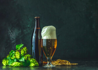 Glass and bottle of beer with wheat and hops showing brewing process