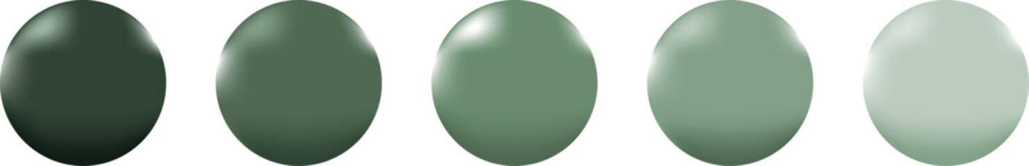The illustration features five glossy green spheres arranged in a row, gradually transitioning from dark to light shades, creating a gradient effect.

