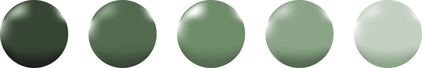 
The illustration features five glossy green spheres arranged in a row, gradually transitioning from dark to light shades, creating a gradient effect.