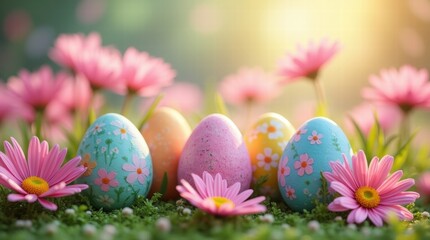 colorful painted easter eggs among bright pink daisies