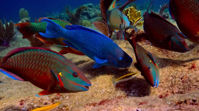 Vibrant Parrotfish School in a Coral Reef Habitat