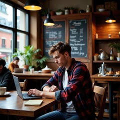 a young man sitting in a cozy café environment