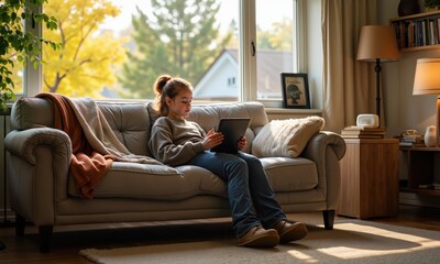 Obraz premium a young girl sitting comfortably on a beige sofa in a cozy living room, using a tablet