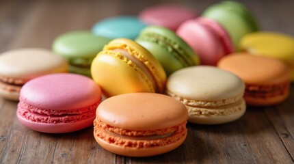 Colorful macaroons on a wooden table