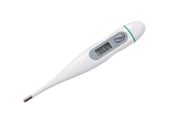 Medical digital thermometer isolated on white, transparent. Body temperature 36.8 Celcius degrees