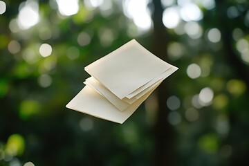 Blank sticky notes floating in a green bokeh background
