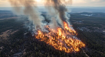 Fototapeta premium From a great height raging flames in the forest, a huge mass of coniferous forest on fire, huge puffs of smoke. Environmental disaster