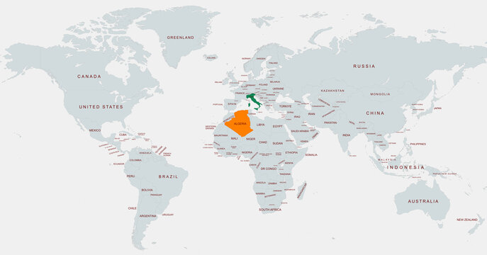 Highlighted World Map Featuring algeria and Italy Locations Marked