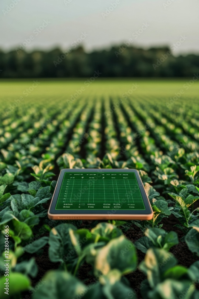 Poster Biophilic Tech-Agriculture Tablet Displaying Crop Analytics on Green Field - Precision Farming for Sustainable Agri-Tech Solutions and Smart Data Integration