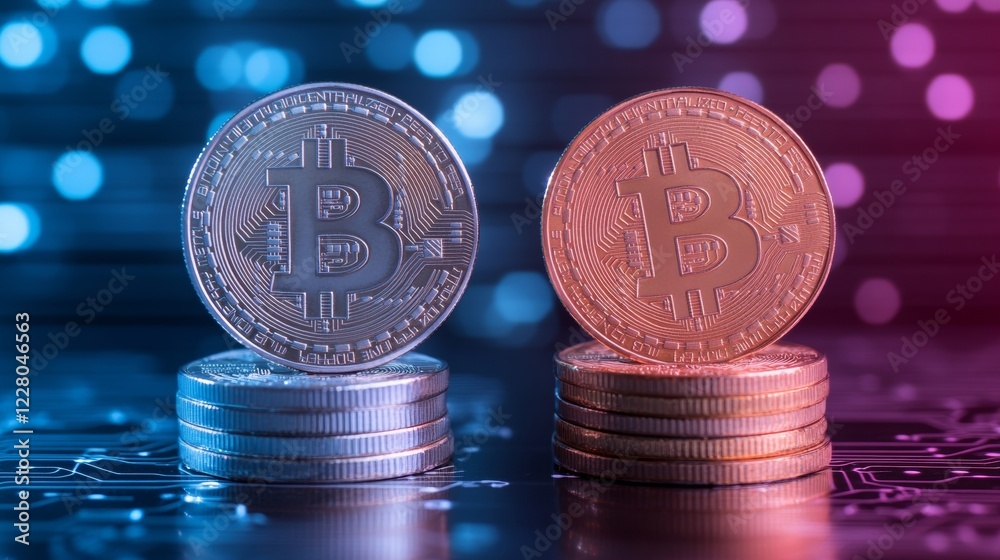 Aufkleber Neon-Lit Cryptocurrency Display Stacked Gold and Silver Crypto Coins with Circuit Patterns Digital Fintech Visuals for Modern Business and Blockchain Marketing