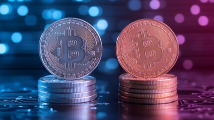 Neon-Lit Cryptocurrency Display Stacked Gold and Silver Crypto Coins with Circuit Patterns Digital Fintech Visuals for Modern Business and Blockchain Marketing