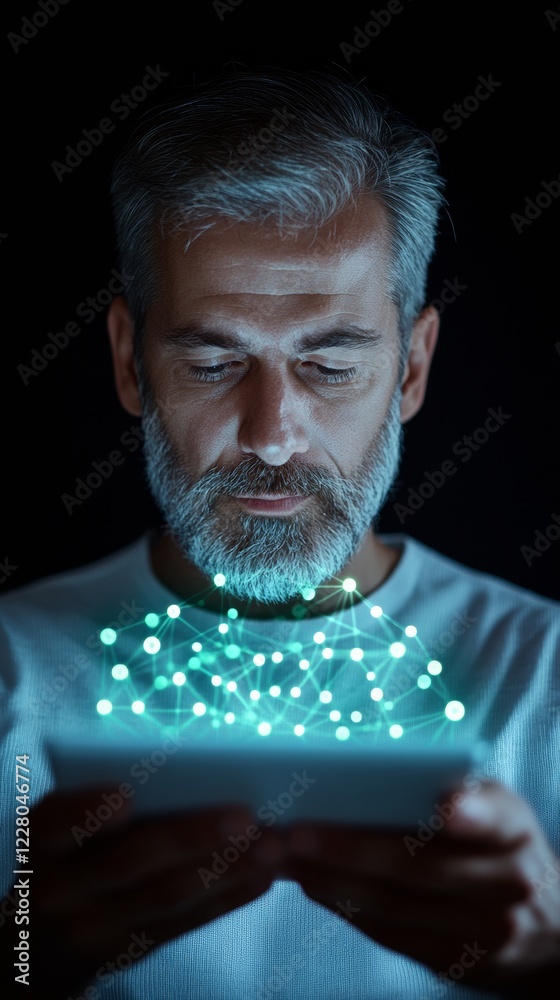 Poster futuristic tech workspace middle-aged white male engaged with glow network on tablet - secure corpor