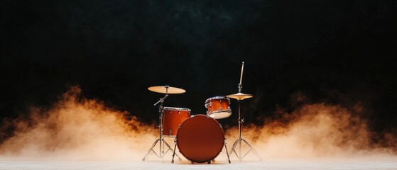 Vibrant Stage Drum Kit with Sticks and Smoky Spotlight Effects - Dynamic Music Scene, Brand Promotion for Live Rock Shows, Enhancing Event Energy in Entertainment Industry