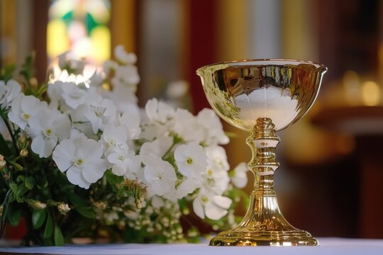 Baptismal gold-plated cup with stand and cross, elegant floral arrangement as backdrop.