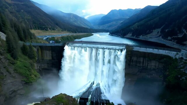Dam with waterfall among green forest.