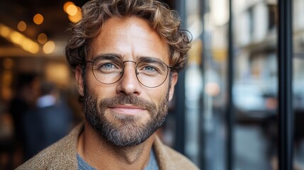Fototapeta premium A young man with curly hair and stylish glasses is smiling at a busy urban cafe. The warm atmosphere reflects a lively afternoon filled with conversation and activity around him