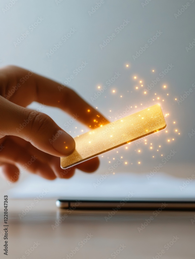 Aufkleber modern minimalist finance gold card with smartphone in soft-focus office - next-gen fintech visualiz