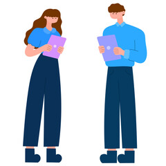man and woman discussing work with tablets, business communication, teamwork concept, flat vector illustration