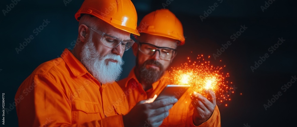 Leinwandbilder industrial tech fusion skilled technicians optimize machinery diagnoses via digital tablets in high-