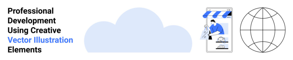 Cloud backdrop with storefront, person working on creative projects, and globe grid. Ideal for business, e-commerce, online learning, innovation, entrepreneurship, global reach flat landing page