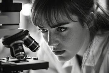 A focused female scientist intently examines a sample through a high-powered microscope, engrossed in her research.