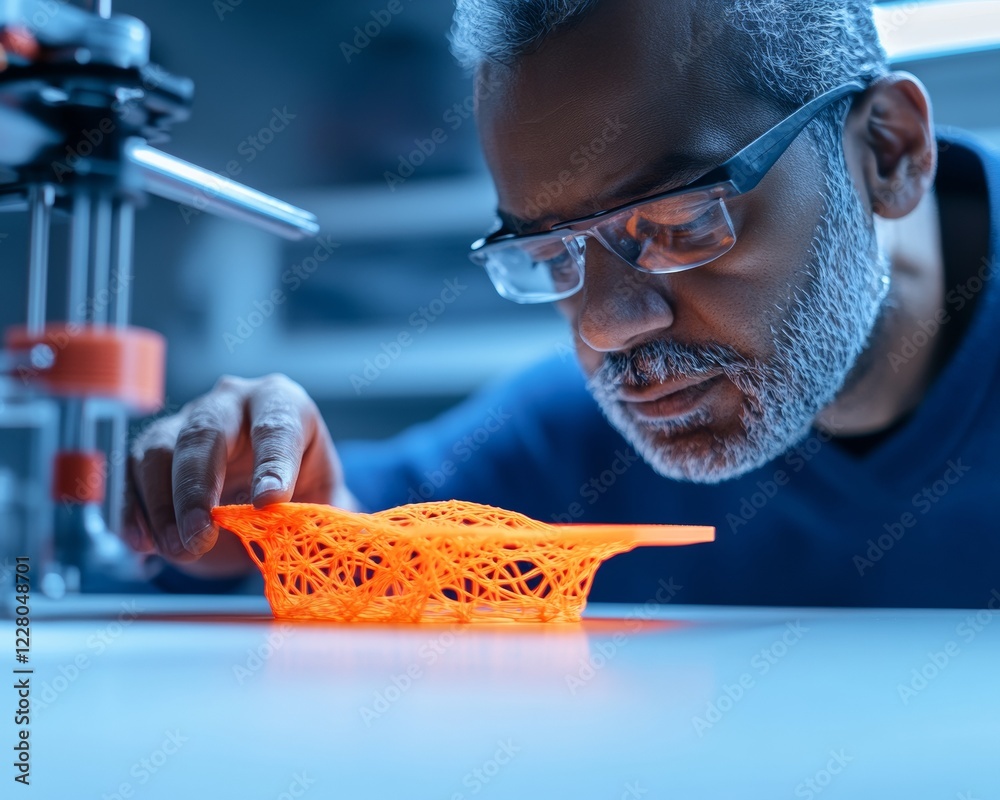 Poster Tech-Driven Creativity Indian Man in 40s Profiles Printed Orange Prototype in Workshop - Modern Urban DIY Fabrication and Innovative Design Solutions
