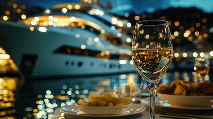 Luxurious Evening on a Yacht: Wine Glass and Warm Glow of Bokeh Lights Reflecting on Water