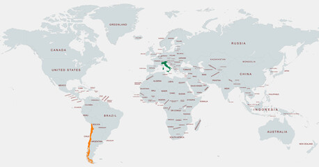 Highlighted World Map Featuring chle and Italy Locations Marked