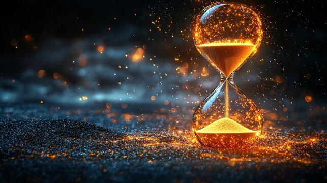 Glowing Digital Hourglass Shaped Progress Bar with Flowing Sand Filling the Bar