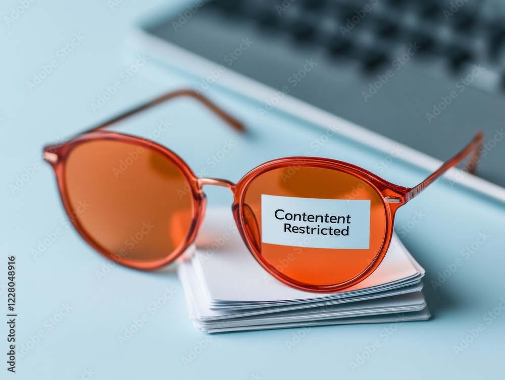 Fototapete cybersecurity workspace retro glasses with content restricted alert on documents navigating digital 