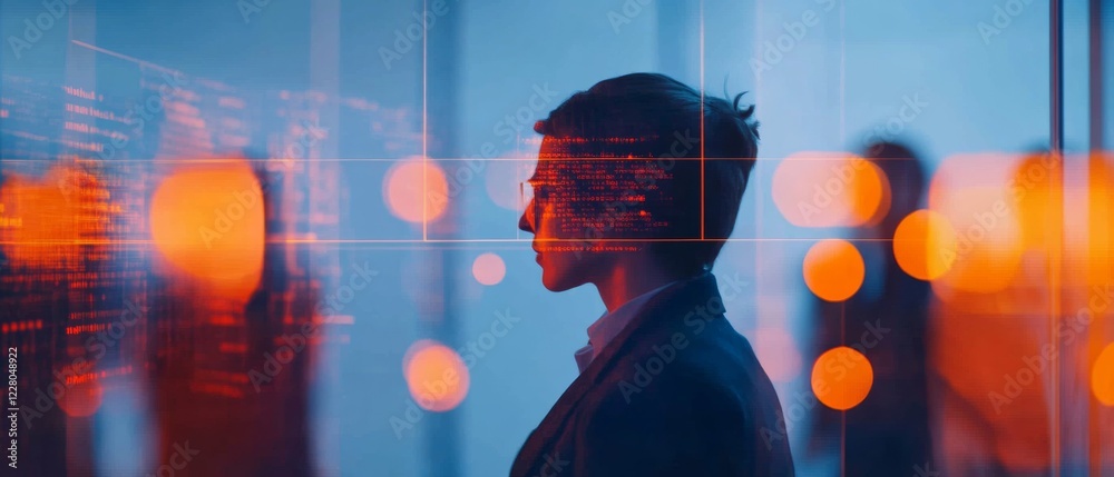 Poster Futuristic Data Visualization Holographic Business Graph in High-Tech Office - Strategic Insights and Decision-Making Tools for Modern Business Innovation