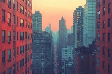 Obraz premium Tall buildings in a cityscape, urban architecture, pink peach tone