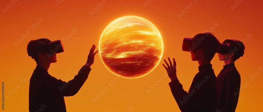 Poster neon metaverse collaboration immersive vr in modern conference room with glowing digital sphere - fu