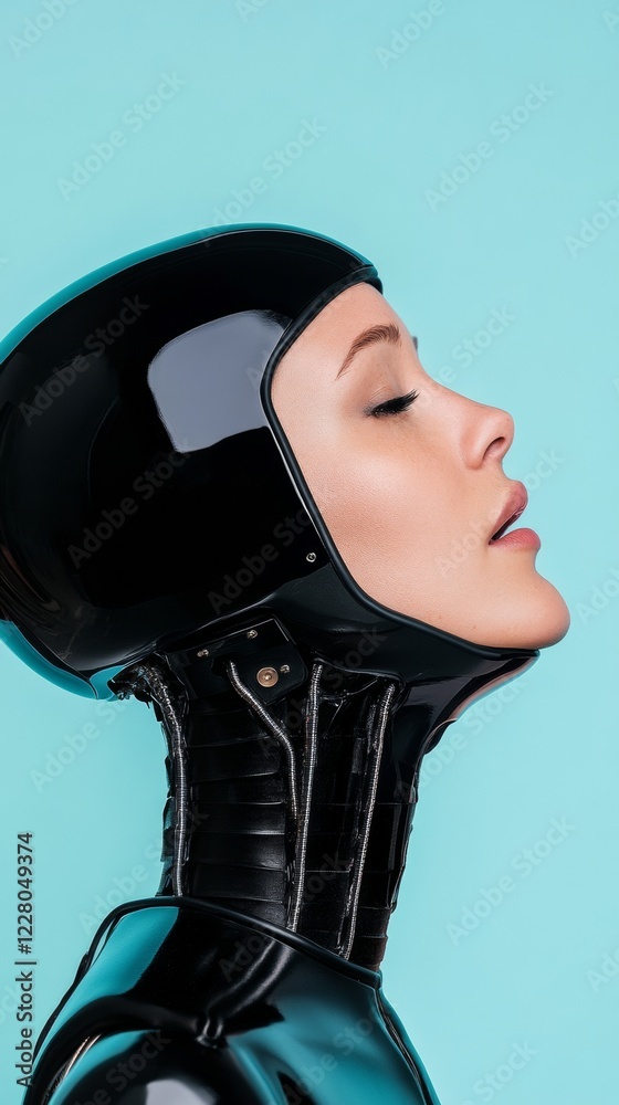 Poster futuristic design aesthetic sleek black cocker spaniel-inspired robot with detailed facial sensors f
