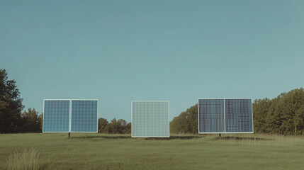 Obraz premium Solar Panels in Field: Three solar panels stand in a grassy field against a clear blue sky, representing renewable energy and sustainability.