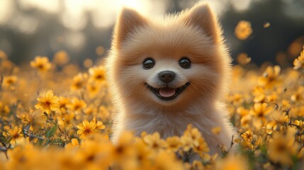 Obraz premium Cute puppy in the flowers