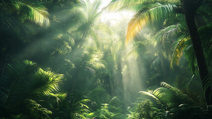 Sunlight streaming through the dense canopy of a tropical rainforest, casting warm rays onto the lush greenery and creating a serene, vibrant atmosphere