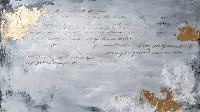 un fondo gris pintado en acrilico o al oleo con detalles en color dorado brilantes con un fondo de escritura  en cursiva sobre el fondo 
