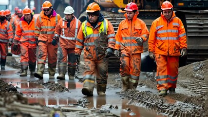 A group of male workers in bright uniforms and safety helmets trek through muddy terrain, showcasing resilience and teamwork in challenging conditions within a construction or industrial site.