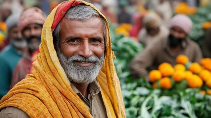An elderly man wearing a colorful shawl smiles warmly at the camera in a bustling market. Bright orange marigolds and lush greenery fill the background, showcasing the lively atmosphere of trade